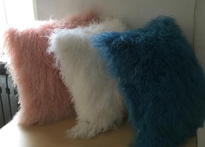 China White Fuzzy Decorative Pillow , Extra Long Curly Mongolian Lambswool Cushion  for sale