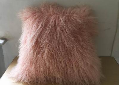China Household Fluffy Pink Mongolian Fur Pillow With Silky Long Curly Hair for sale