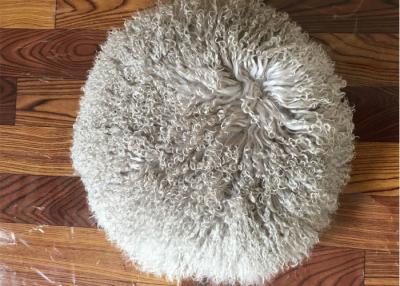 China Long Hair Round Mongolian Fur Pillow Light Grey Smooth With Shearling Sheep Fur Lining for sale
