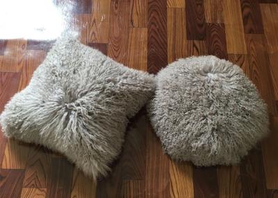 China Single Sided Long Hair Mongolian Fur Pillow Light Grey Round / Rectangular Shape for sale