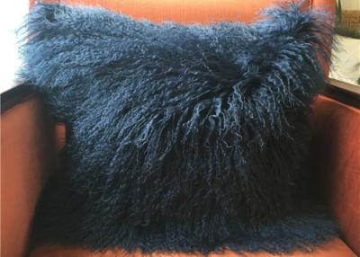 China Mongolian fur Pillow 2017 New Long Curly Tibet Lamb Wool Cushion Navy Blue 20 inch for sale