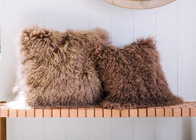 China Real Mongolian fur Wave Hair Light Brown Genuine Tibet Sheepskin Cushion Camel 40cm for sale