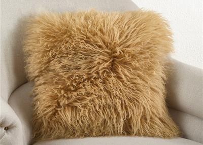 China Dyed Brown Long Wool Mongolian Fur Pillow 20 Inch Square For Sleeping OEM for sale