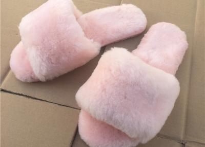 China Pink / Gray Ladies Open Toe Sheepskin Slippers With Soft Rubber Sole for sale