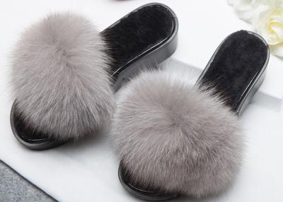 China Light Grey Genuine Fur Furry House Slippers Soft For Indoor / Ourdoor for sale