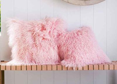 China Candy Pink Long Mongolian Sheepskin Decorative Throw Pillow With Single Sided Fur for sale