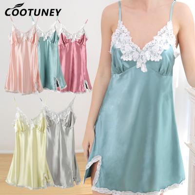China New Arrival Silk Sleepwear Slip Cami Nightdress Lace Solid Color V Neck Women Sexy Satin Nightgown for sale