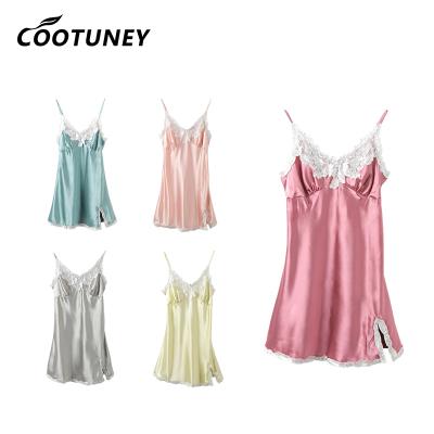 China Summer Solid Color Sexy Lingerie Pajamas Satin Silk Lace Nightwear Cami Sleeveless Dress for sale