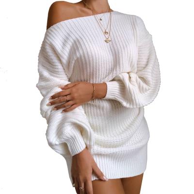 China Wholesale autumn casual white strapless lantern sleeve ladies knitted sweater dress for sale