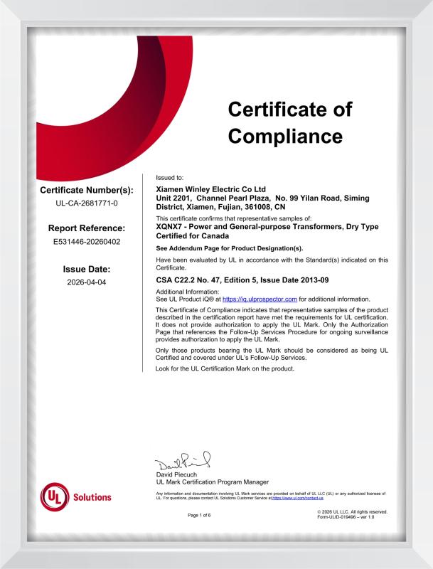 cUL certificate - Xiamen Winley Electric Co.,Ltd