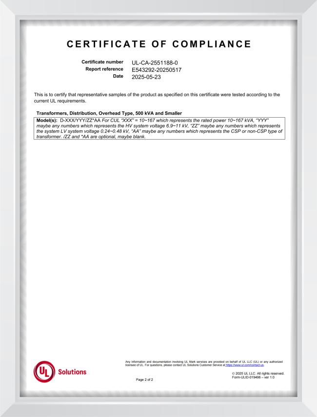 25Kva Single Phase Pole Mounted Distribution Transformer Oil-immersed 7.2KV To 120V UL/cUL Listed 6