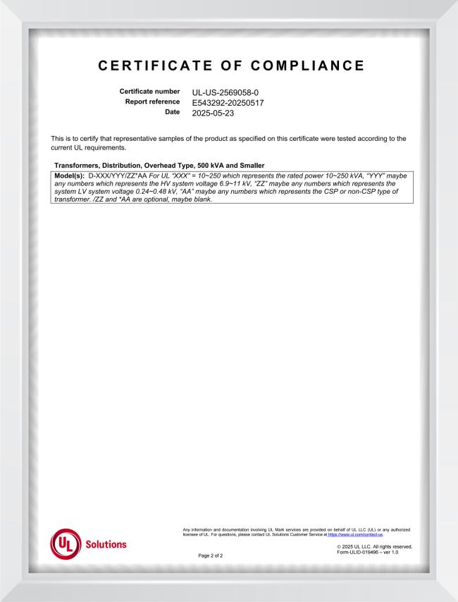 25Kva Single Phase Pole Mounted Distribution Transformer Oil-immersed 7.2KV To 120V UL/cUL Listed 4