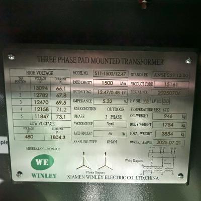 China UL Listed 3 Phase Pad Mounted Transformer 1500Kva 12.47KV To 480Y/277 ANSI DOE IEEE CSA standards for sale