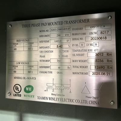 中国 2500kVA 三相パッドマウント型絶縁油入変圧器 480V から 480Y IEEE ANSI C57 販売のため