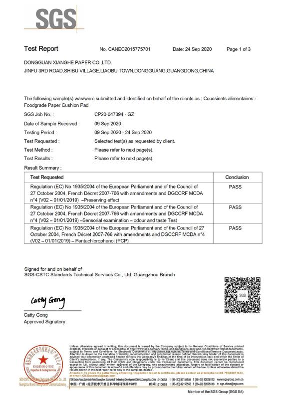 SGS test report - Dongguan Xianghe Paper Co., Ltd