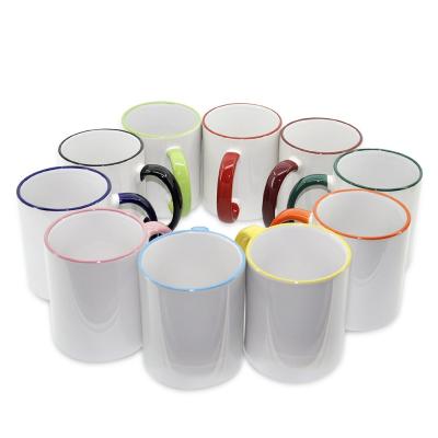 China White Ceramic Sublimation Blank Coffee Mug Color Edge Cup With Colored Rim / Handle for sale