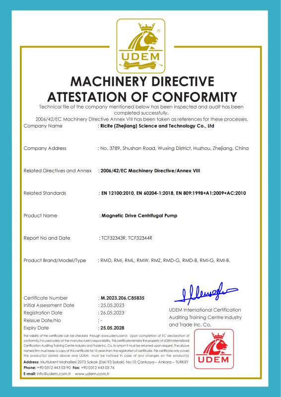 MACHINERY DIRECTIVE ATTESTATION OF CONFORMITY - Ricite (Zhejiang) Science & Technology Co., Ltd.