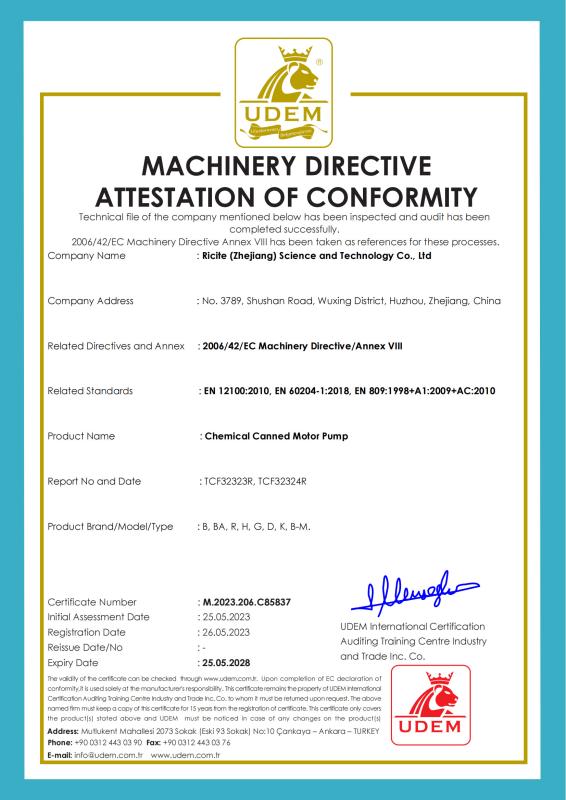MACHINERY DIRECTIVE ATTESTATION OF CONFORMITY - Ricite (Zhejiang) Science & Technology Co., Ltd.