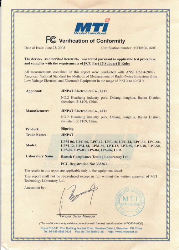 FCC Verification of Conformity - JINPAT Electronics Co., Ltd