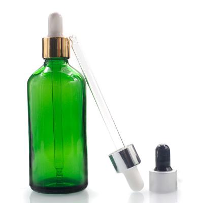 China 100ml Green Round Oil Dropper Glass Bottle Screen Printing Hot Stamping for sale