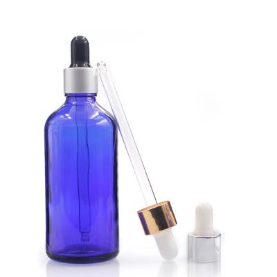 China Round Blue 100ml Oil Dropper Glass Bottle With Glass Liquid Pipette for sale