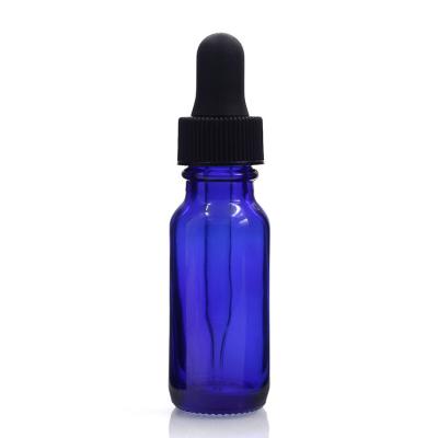 China Massage Oil 15ml Glass Boston Round Bottles With Dropper Cap Blue Color for sale