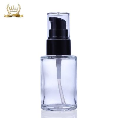 China Empty Clear Black Pump Lotion Bottle Liquid Foundation Packaging Glass Bottle F034 for sale