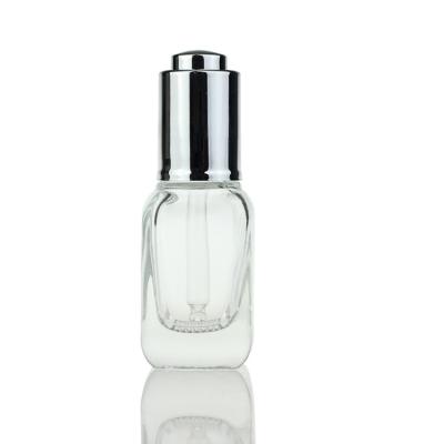 China Cosmetic Packaging 30ml Rectangle Square Clear Glass Serum Dropper Bottle  Makeup Container S028B for sale
