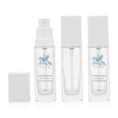 China Transparent 30ml 1oz Foundation Glass Bottle Pump Spray Cap Skin Care for sale