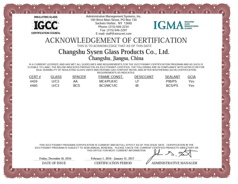 acknowledgement of certification - Changshu Sysen glass products Co. Ltd.