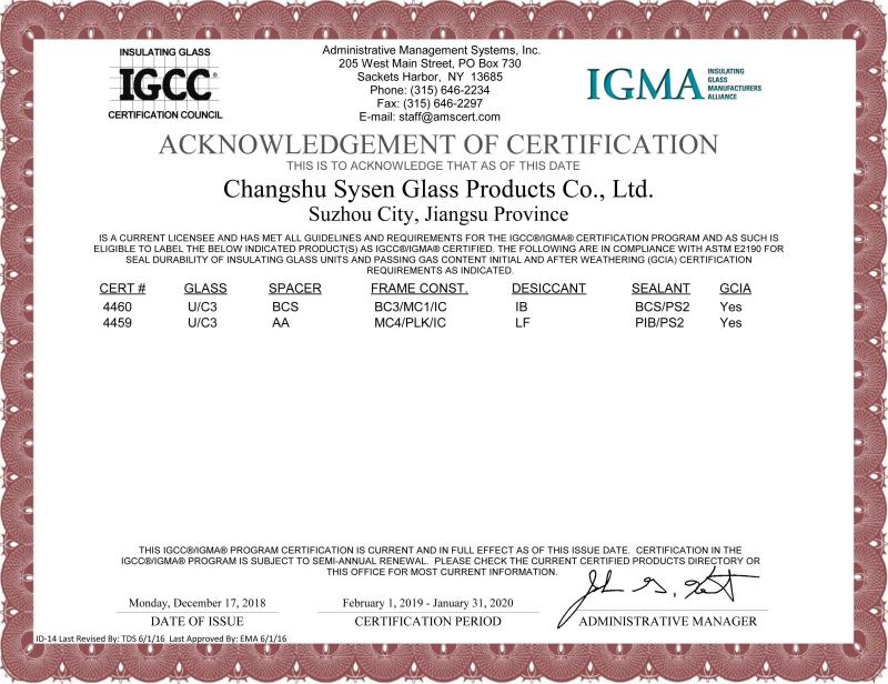 acknowledgement of certification - Changshu Sysen glass products Co. Ltd.