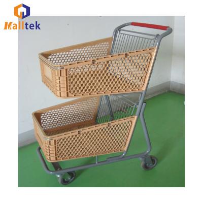 China Customized New Style Two Layers Plastic Supermarket Trolley With 4 PU Wheels for sale