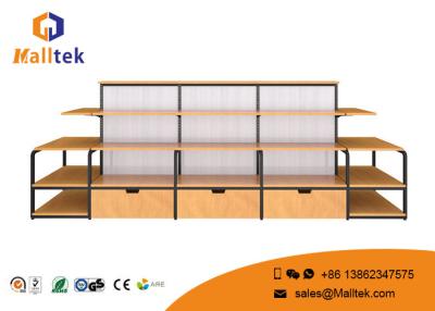 China La venta al por menor de madera modificada para requisitos particulares exhibe el marco de acero inoxidable de la exhibición de los estantes de madera de la pared en venta