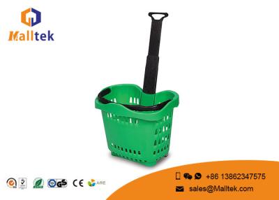 China Hand 42 Liters Rolling Plastic Shopping Basket With Handles In Green Color for sale