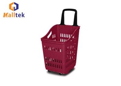 China Red Color Plastic Supermarket Shopping Basket With Handle And 2 Wheels for sale