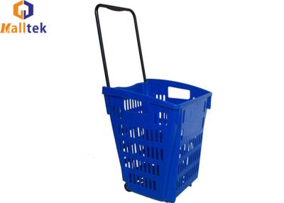 China Single Steel Handle HDPP Rolling Shopping Baskets With Two Wheels for sale