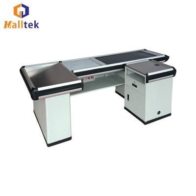 China White Electric Checkout Counter Stainless Steel With Electric Conveyor Belt for sale
