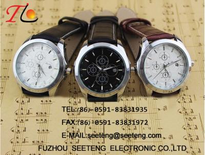 China Trendy alloy case quartz Watch with stainless steel backcase and PU leather band for men for sale