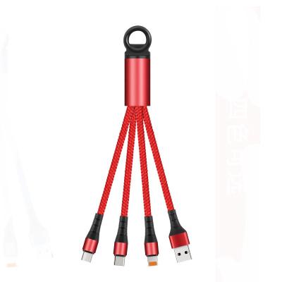 China 2.4A USB Charger Cable 14cm Fast Charging Nylon Braided 3 in 1 Keychain Data Cable for sale