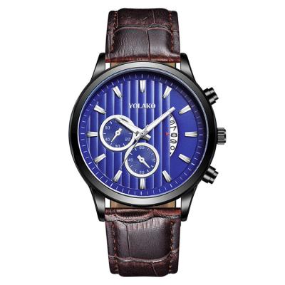China New Fashion Two Eyes Five O'Clock Multicolor Metal Dial Function Calendar Men's Brown Leather Strap Quartz Watch for sale