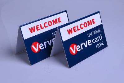 China Custom printed plastic PVC Verve Card payment way accepted display table tents for sale