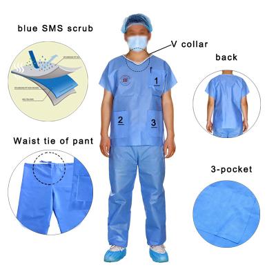China Multi Layer Nurse Hospital Surgical Scrubs SMS Blue Disposable Gown With 3 Pocket for sale