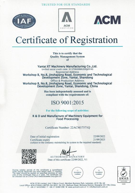 ISO 9001:2015 - Yantai XT Machinery Manufacturing Co., Ltd.