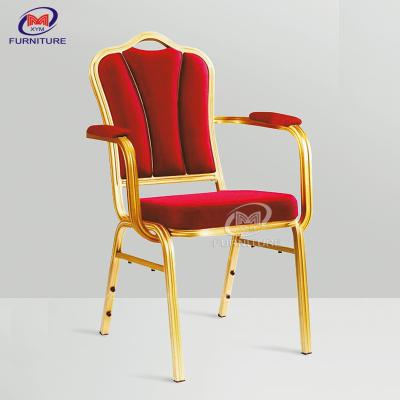 China Velvet Fabric Red Banquet Chairs With Armrest Gold Metal High Density Sponge Covered for sale