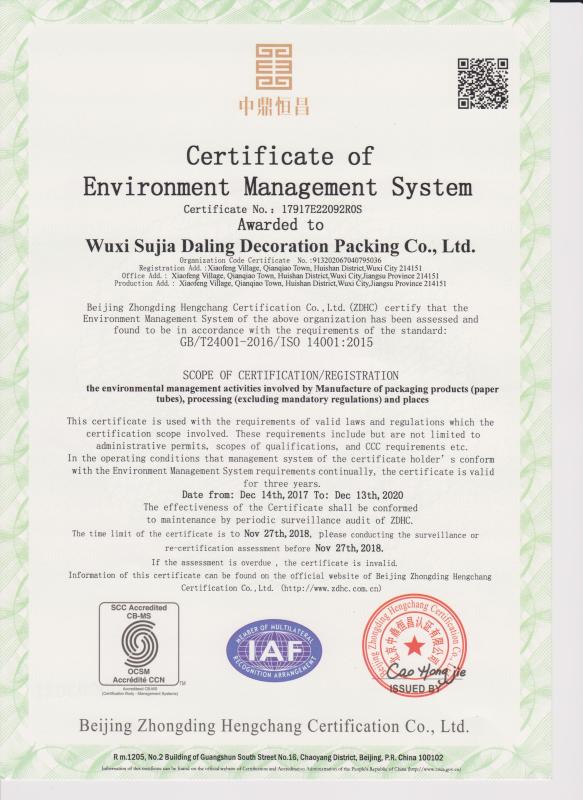 ISO14001:2015 - Wuxi SuJia DaLing Decoration Packing Co.,Ltd
