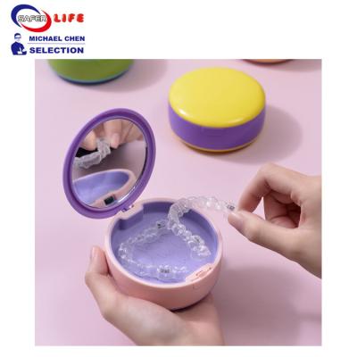 China Cute Daily Pill Dispenser Box For Elderly Plastic Dental Box False Teeth Box Mirror Silicone 9CM for sale