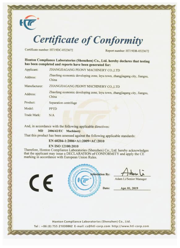 CE certificate - ZHANGJIAGANG CITY PEONY MACHINERY CO.,LTD
