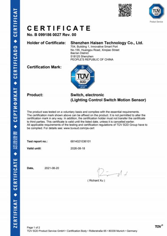 TUV CERTIFICATE - Shenzhen HAISEN Technology Co.,Ltd.