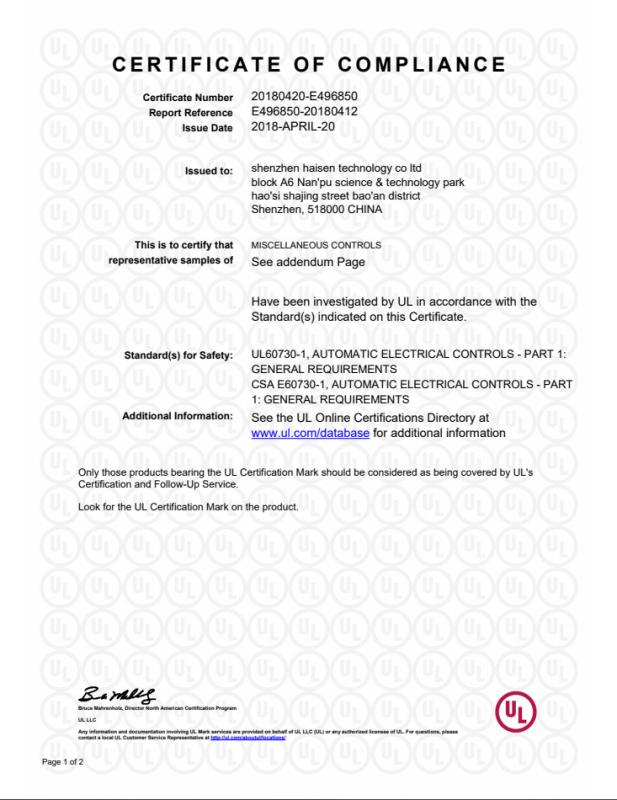 CERTIFICATE OF COMPLAINCE - Shenzhen HAISEN Technology Co.,Ltd.