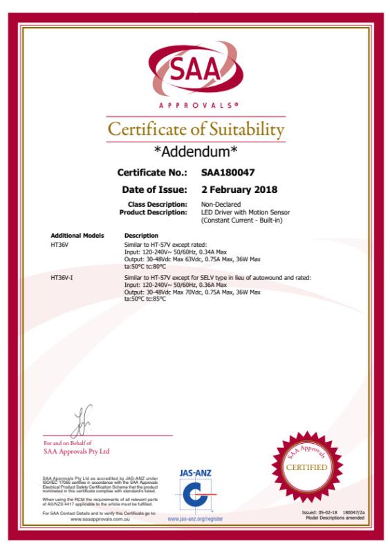 SAA Certificate of Suitability - Shenzhen HAISEN Technology Co.,Ltd.